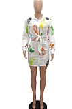 Red Women Casual Printing Shirt Buttons Long Sleeve Skirts Sets MR2105-2