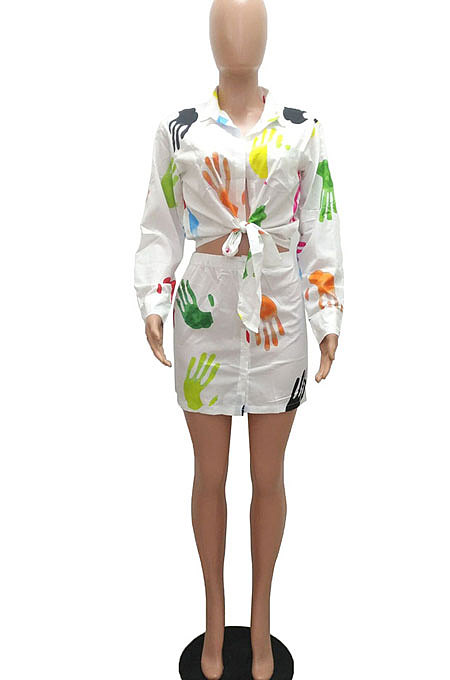 Red Women Casual Printing Shirt Buttons Long Sleeve Skirts Sets MR2105-2