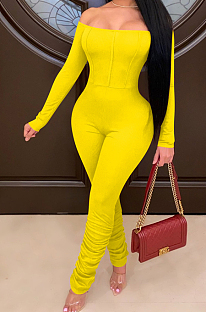 Yellow Sexy Long Sleeve A Word Shoulder Solid Color Bodycon Jumpsuits E8511-1