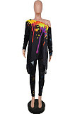 Pink Splash-Ink Print Oblique Shoulder Long Sleeve Carrot Pants Sports Two-Piece LY049-1