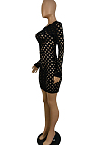 Red Autumn And Winter New Hollow Out Long Sleeve Zipper Pure Colur Hip Mini Dress E8609-1
