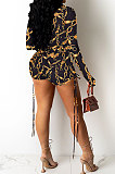 Yellow Sexy Printing Long Sleeve Zipper V Neck Drawsting Romper Shorts XZ5178-4
