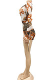 Brown Sexy Printing Long Sleeve Zipper V Neck Drawsting Romper Shorts XZ5178-1