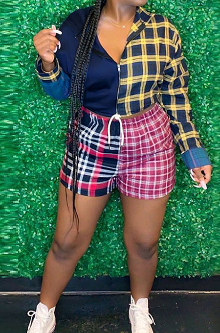 Color Matching Women Casual Shirt Plaid Shorts Sets GLS8118