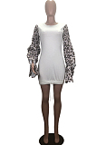 Rose Pink Leopard Printing Spliced Round Collar Horn Sleeve Drawsting Sexy Hip Dress HMR6026-2