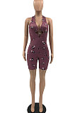 Light Green Women Raindrop Printing Sleeveless Sexy Bandage Backless Romper Shorts AYQ05011-2