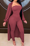White Autumn And Winter Long Sleeve Coat Strapless Solid Colur Bodycon Jumpsuits Two Piece E8508-1