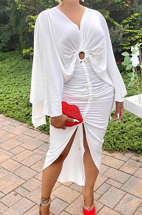 White Hollow Out  V Collar Batwing Sleeve Zipper Drawsting Dress JC7067-1