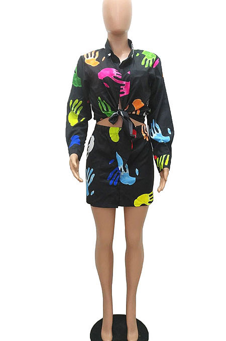 White Women Casual Printing Shirt Buttons Long Sleeve Skirts Sets MR2105-1
