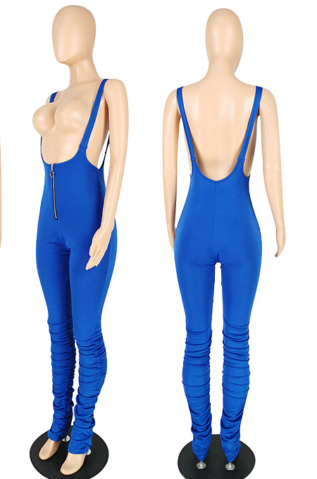 Black Summer Cotton Blend Pure Color Tight Zipper Ruffle Suspender Trousers E8528-2