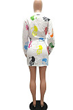 White Women Casual Printing Shirt Buttons Long Sleeve Skirts Sets MR2105-1