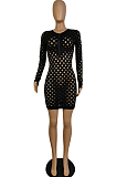 Black Autumn And Winter New Hollow Out Long Sleeve Zipper Pure Colur Hip Mini Dress E8609-2