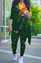 Army Green Splash-Ink Print Oblique Shoulder Long Sleeve Carrot Pants Sports Two-Piece LY049-6