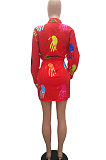 Black Women Casual Printing Shirt Buttons Long Sleeve Skirts Sets MR2105-3