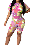 Purple Cute Stars Printing Collect Waist Round Neck Short Sleeve Tight Shorts Two-Piece HMR6020-1