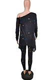 Black Splash-Ink Print Oblique Shoulder Long Sleeve Carrot Pants Sports Two-Piece LY049-2
