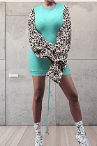 Lake Blue Leopard Printing Spliced Round Collar Horn Sleeve Drawsting Sexy Hip Dress HMR6026-4