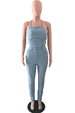 Light Blue Condole Belt Strapless Back Bandage Jean Bodycon Jumpsuits JLX6060