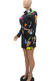 Red Women Casual Printing Shirt Buttons Long Sleeve Skirts Sets MR2105-2