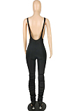 Red Summer Cotton Blend Pure Color Tight Zipper Ruffle Suspender Trousers E8528-1