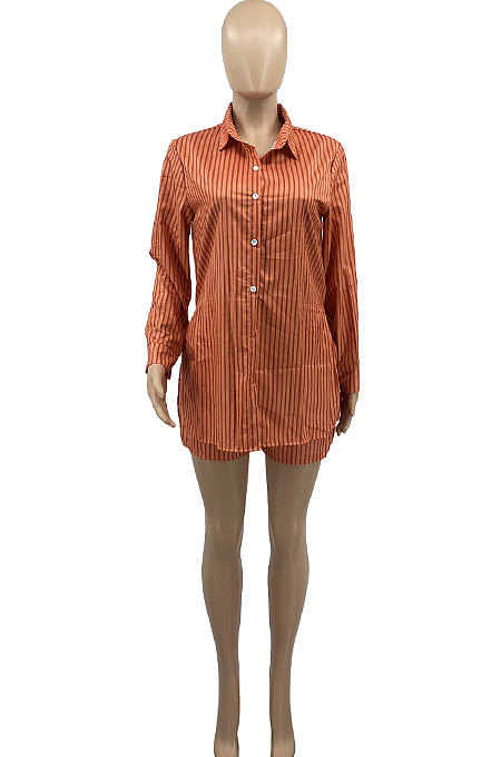 Green Women Long Sleeve Strap Printing Shirt Shorts Sets AD0705-3
