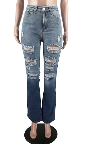 Light Blue Summer Warer Washing Hole High Waist Jean Flare Pants HMR6027