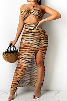Tiger Pattern Fashion Digital Printing Strapless Bandage Hollow Out Split Long Dress XZ5236-3