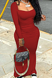 Red Elastic Solid Color Square Neck Long Sleeve Ruffle Bodycon Dress YYF8237-2