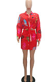 Black Women Casual Printing Shirt Buttons Long Sleeve Skirts Sets MR2105-3