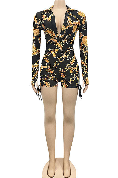 White Sexy Printing Long Sleeve Zipper V Neck Drawsting Romper Shorts XZ5178-3