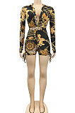 Brown Sexy Printing Long Sleeve Zipper V Neck Drawsting Romper Shorts XZ5178-1