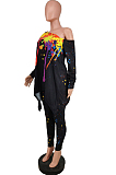 Black Splash-Ink Print Oblique Shoulder Long Sleeve Carrot Pants Sports Two-Piece LY049-2