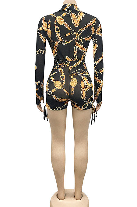 Chain Sexy Printing Long Sleeve Zipper V Neck Drawsting Romper Shorts XZ5178-2