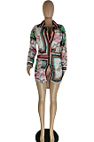 Blue Positioning Print Long Sleeve Lapel Neck Single-Breaster Shirt Dress E8610-3