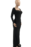 Khaki Elastic Solid Color Square Neck Long Sleeve Ruffle Bodycon Dress YYF8237-1
