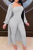 White Autumn And Winter Long Sleeve Coat Strapless Solid Colur Bodycon Jumpsuits Two Piece E8508-1