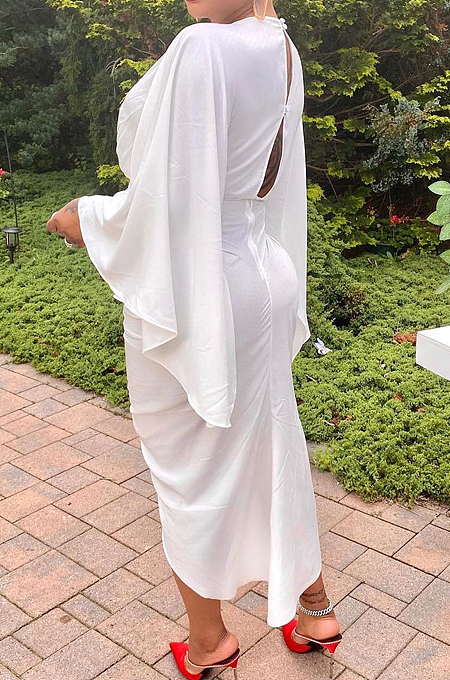 Black Hollow Out  V Collar Batwing Sleeve Zipper Drawsting Dress JC7067-2