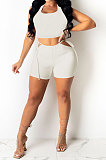 Pink Red Pure Color Tank Waist Bandage Hole Shorts Sets AYQ0508-3