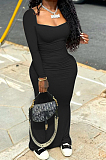 Khaki Elastic Solid Color Square Neck Long Sleeve Ruffle Bodycon Dress YYF8237-1