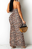 Brown Leopard Fashion Digital Printing Strapless Bandage Hollow Out Split Long Dress XZ5236-1