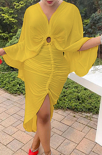 Yellow  Hollow Out  V Collar Batwing Sleeve Zipper Drawsting Dress JC7067-4