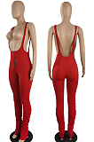 Black Summer Cotton Blend Pure Color Tight Zipper Ruffle Suspender Trousers E8528-2