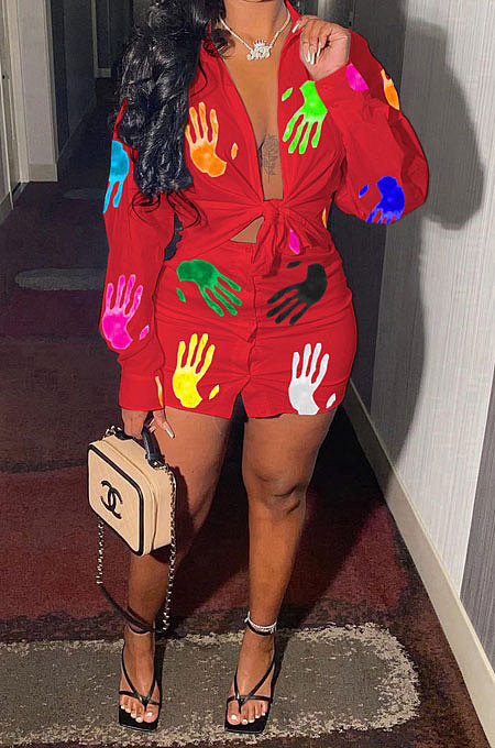Red Women Casual Printing Shirt Buttons Long Sleeve Skirts Sets MR2105-2