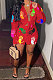 Red Women Casual Printing Shirt Buttons Long Sleeve Skirts Sets MR2105-2
