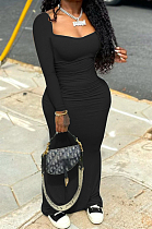 Black Elastic Solid Color Square Neck Long Sleeve Ruffle Bodycon Dress YYF8237-4