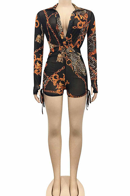 White Sexy Printing Long Sleeve Zipper V Neck Drawsting Romper Shorts XZ5178-3