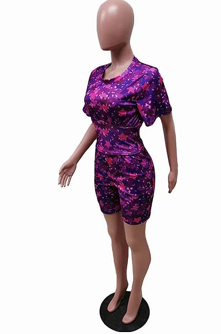 Colorful Cute Stars Printing Collect Waist Round Neck Short Sleeve Tight Shorts Two-Piece HMR6020-2