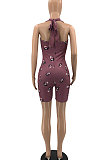 Light Green Women Raindrop Printing Sleeveless Sexy Bandage Backless Romper Shorts AYQ05011-2