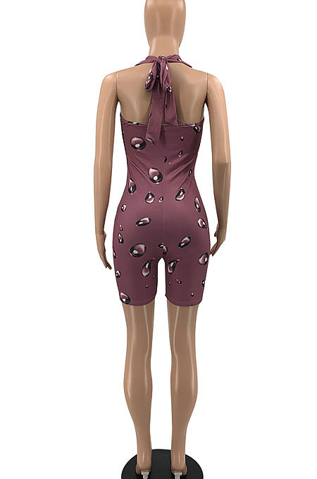 Light Green Women Raindrop Printing Sleeveless Sexy Bandage Backless Romper Shorts AYQ05011-2