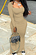 Khaki Elastic Solid Color Square Neck Long Sleeve Ruffle Bodycon Dress YYF8237-1